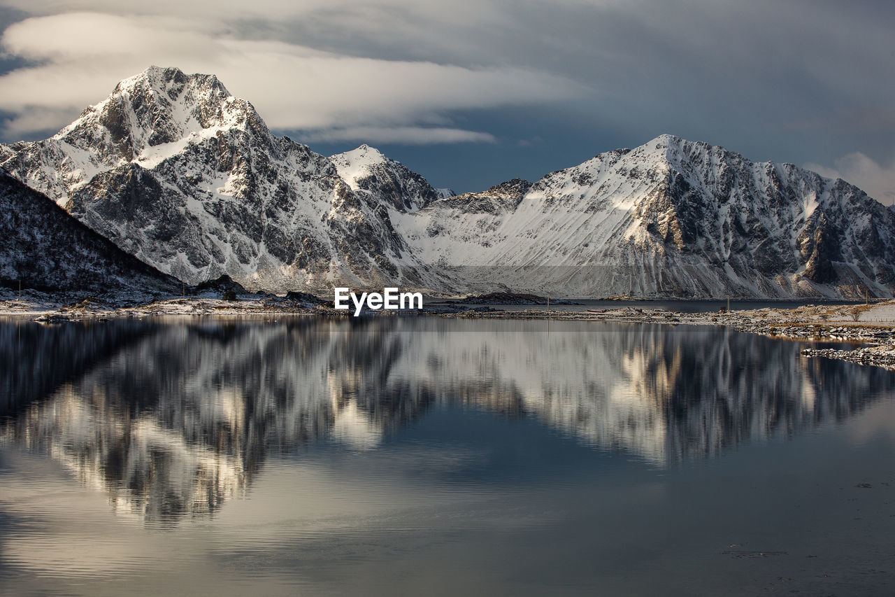 Scenic view of snowcapped mountains by lake against sky