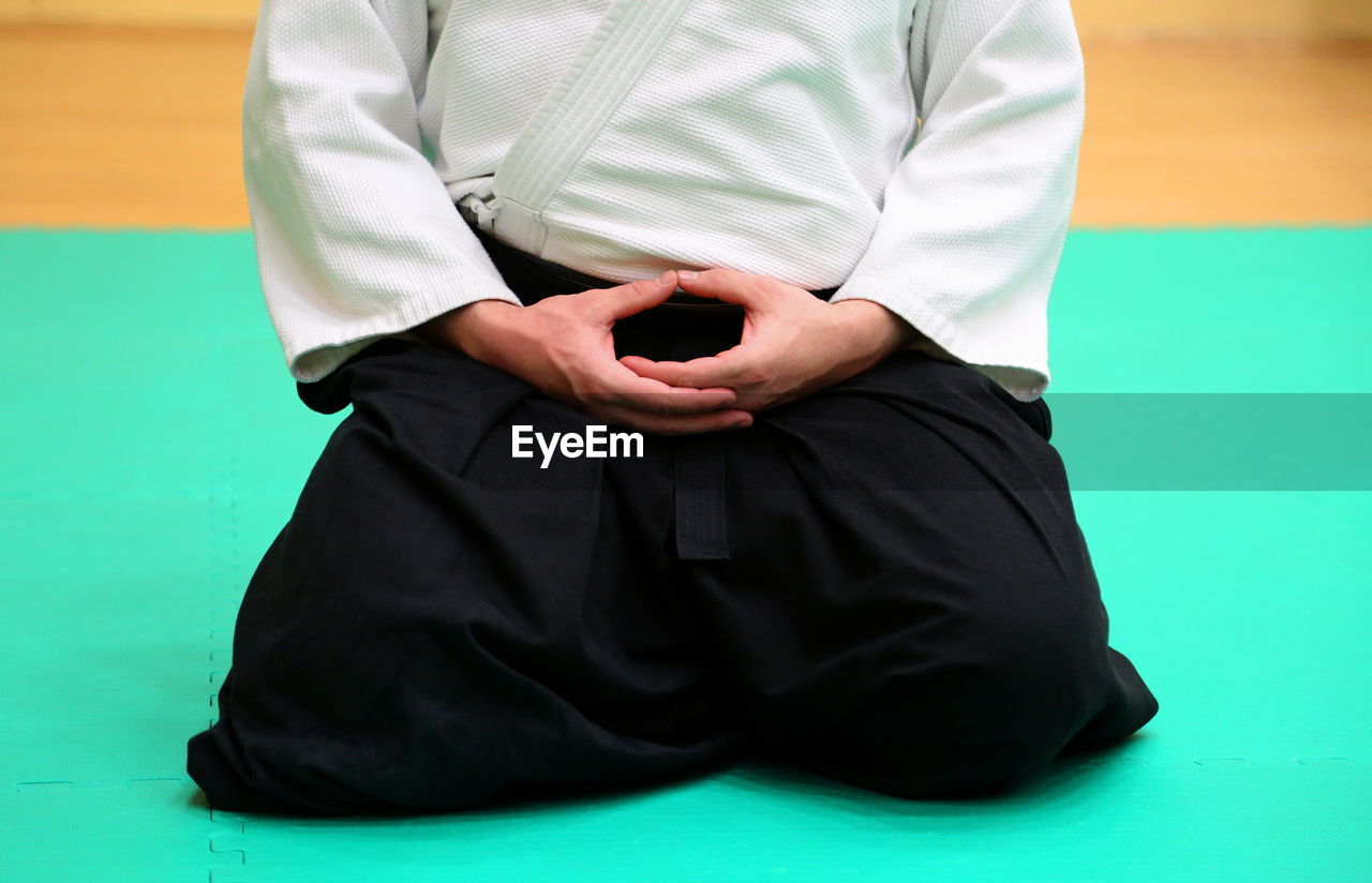 Midsection of man practicing aikido in dojo