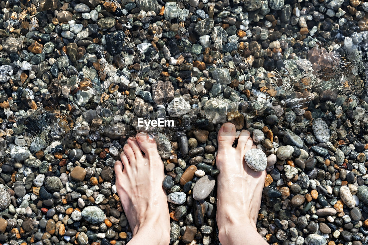 Female feet in sea water on a pebble shore top view in summer, many pebbles, copy space, relax
