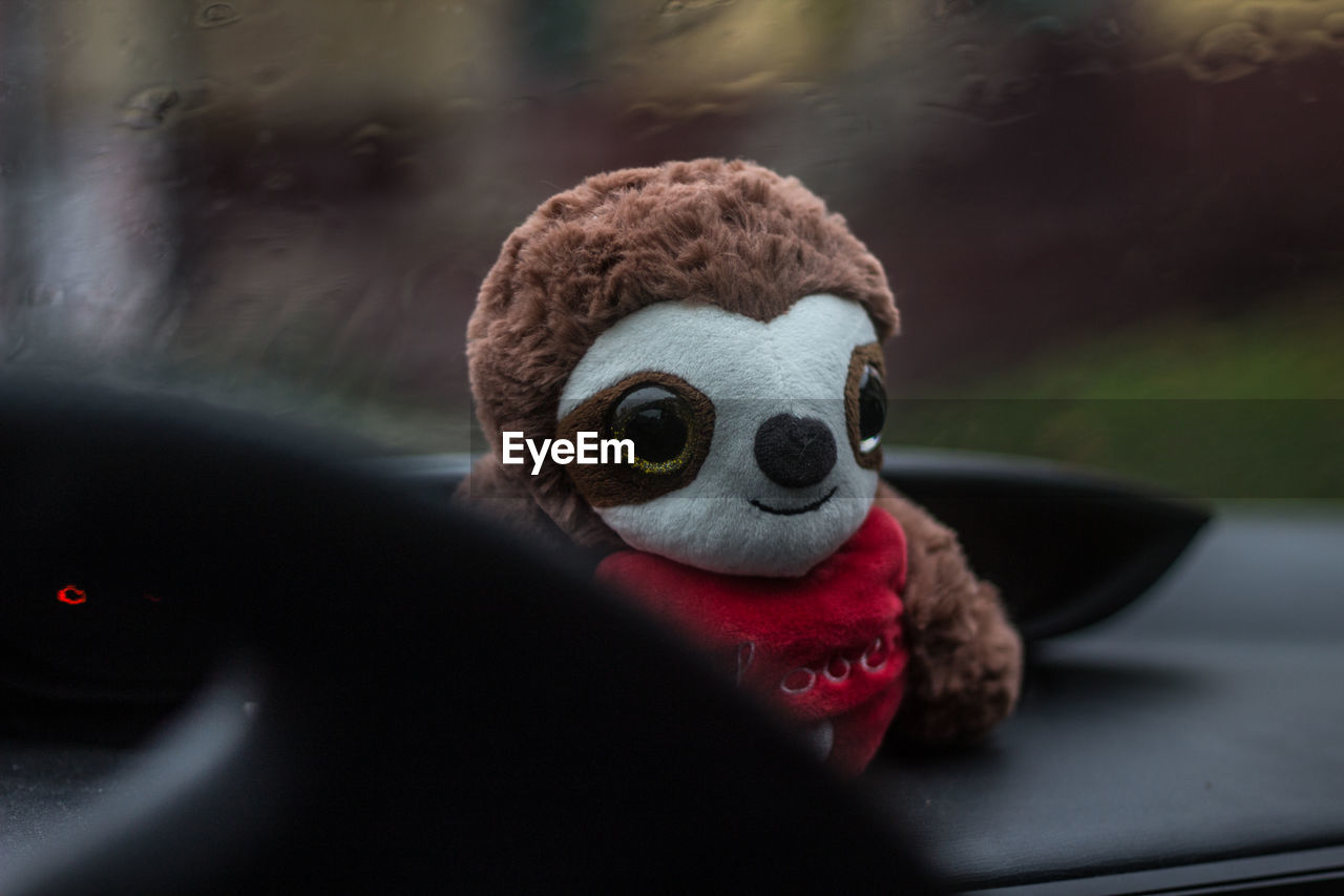close-up, car, toy, motor vehicle, animal, animal themes, mode of transportation, no people, representation, red, car interior, bird, transportation, animal representation, day, glass, macro photography, nature, outdoors, selective focus