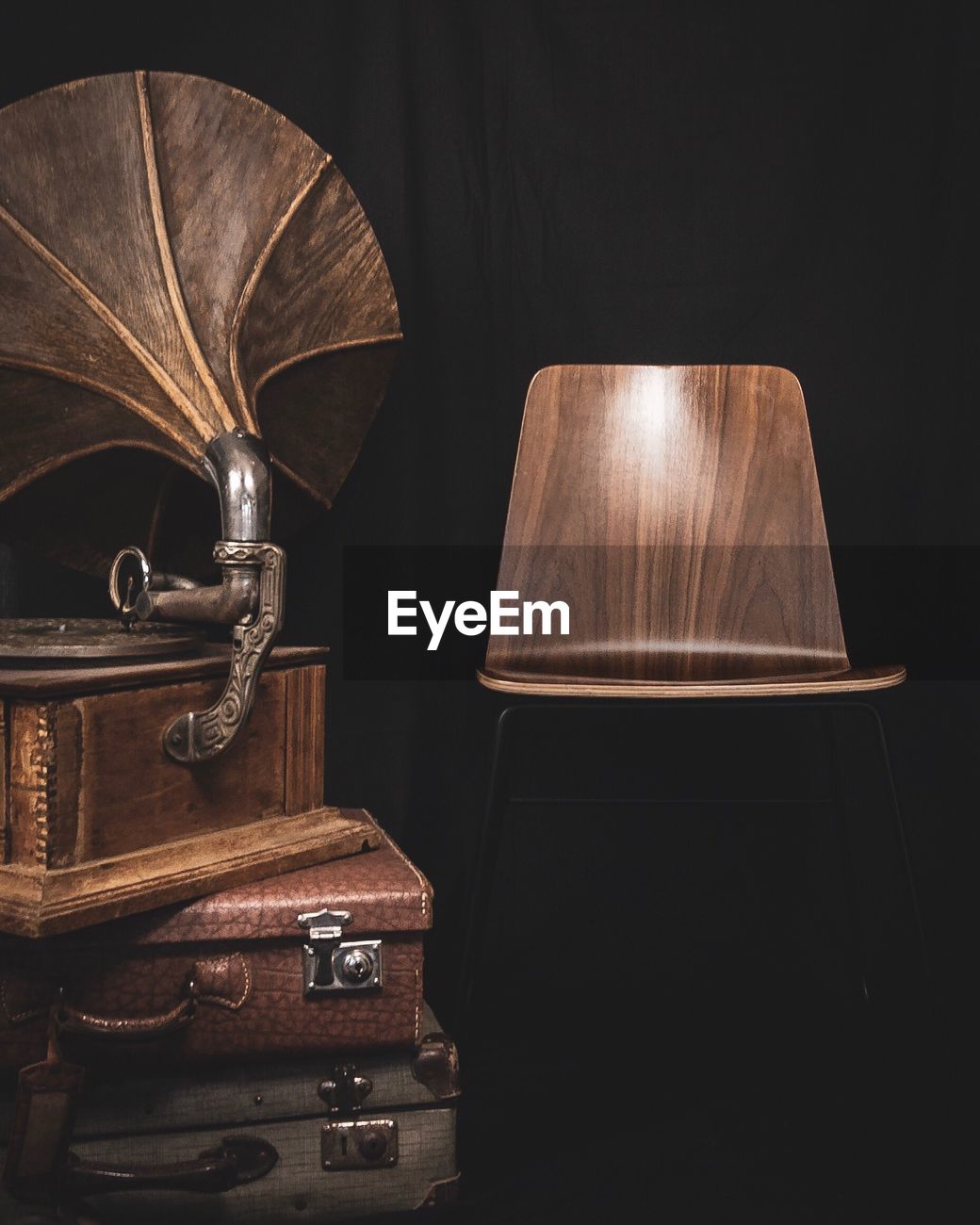 Wooden Chair With Gramophone And Suitcase Id 124266963