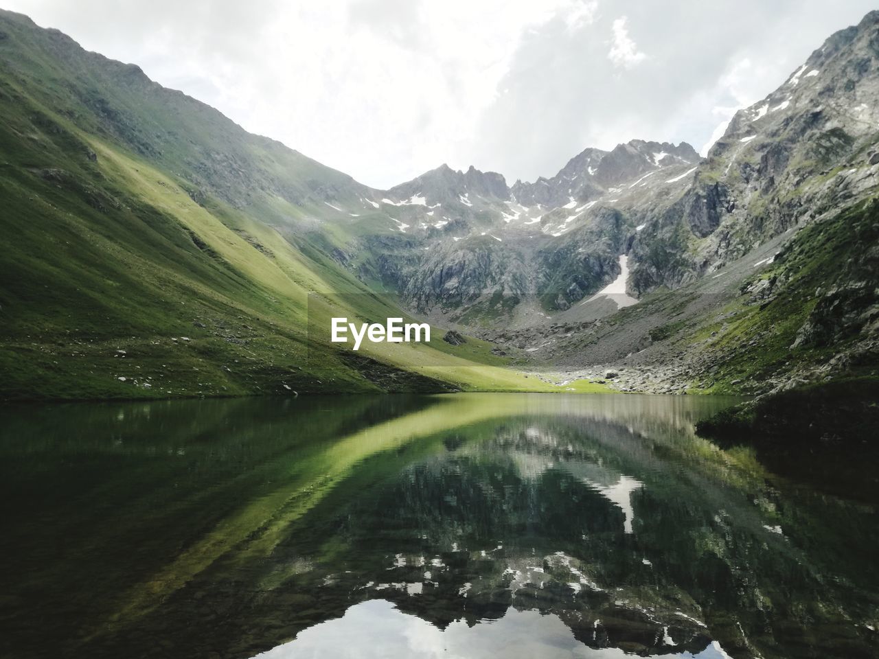 Scenic view of lake and mountains against sky