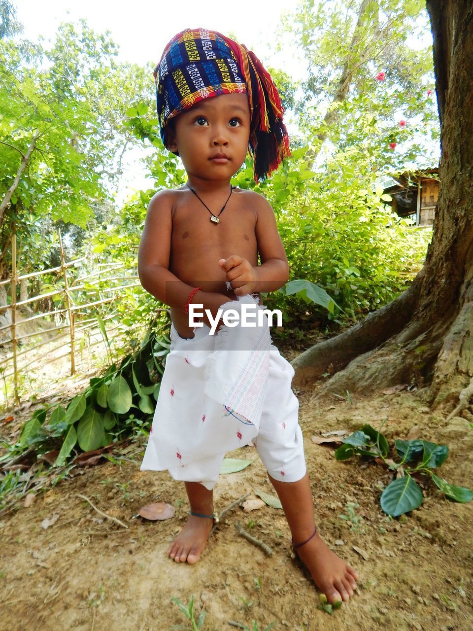 Shirtless boy wearing headwear by tree on field