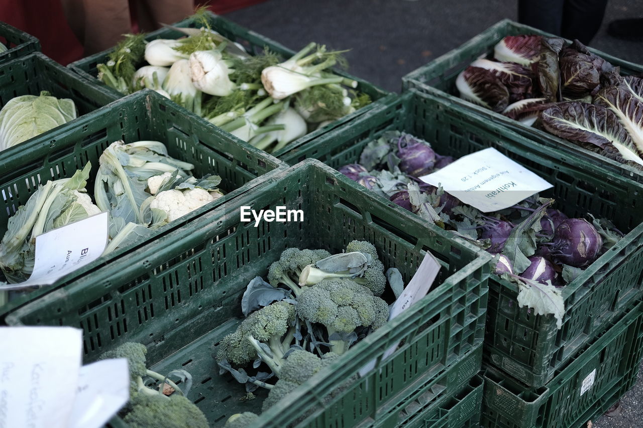 HIGH ANGLE VIEW OF VEGETABLES FOR SALE AT MARKET