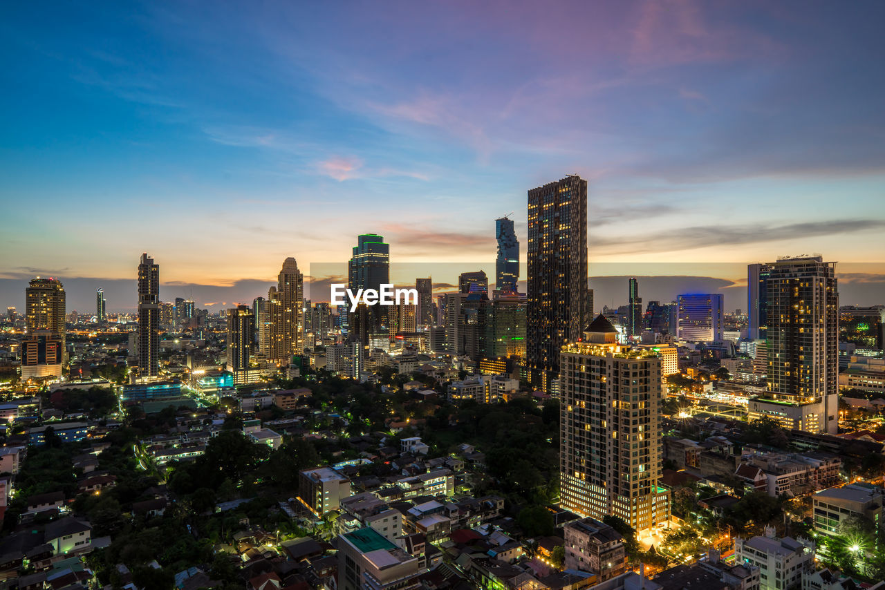 High angle view of modern buildings , beautiful sunset of bangkok city  , cityscape  thailand