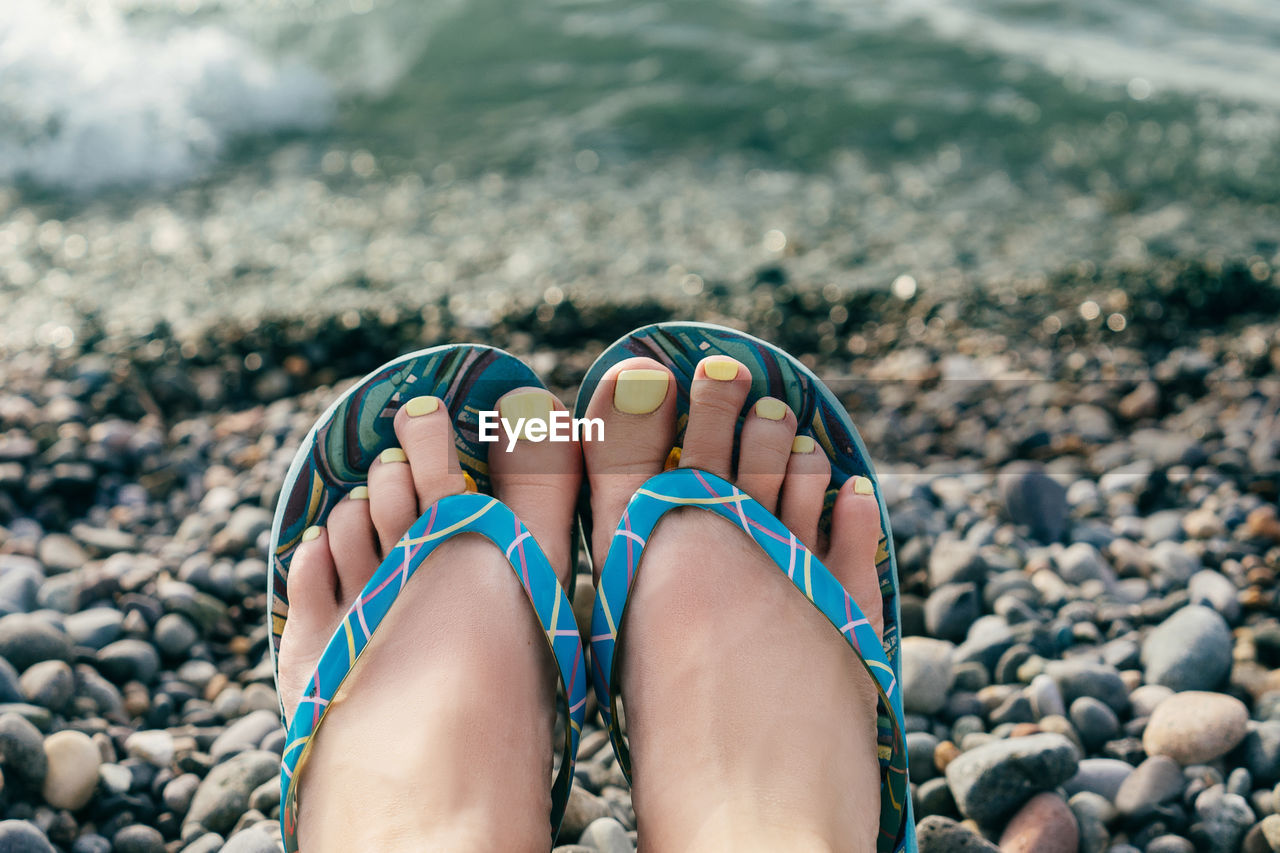 Low section of woman wearing flip-flop