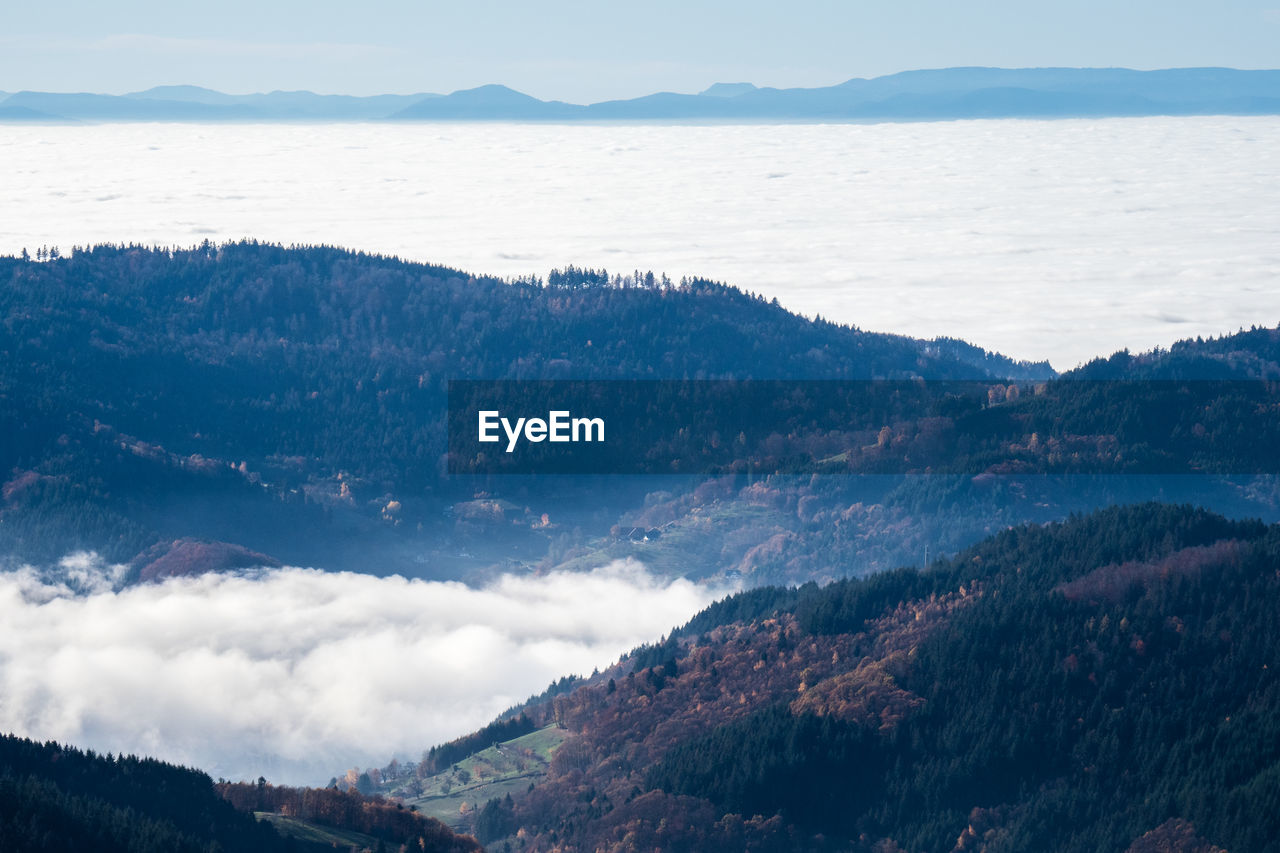 View from the german black forest over the cloud-filled rhine valley to the french vosges mountains