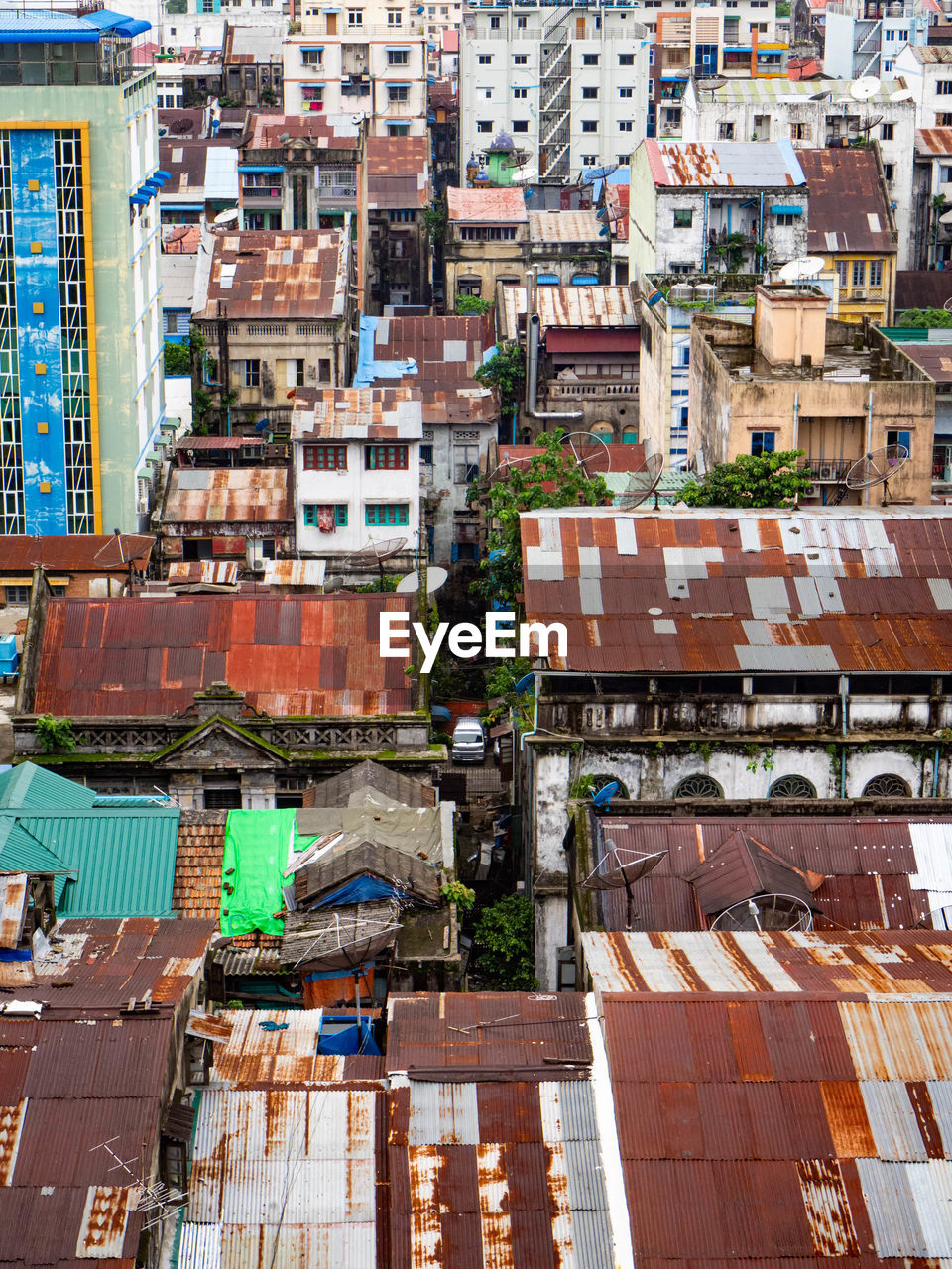 High angle view of old buildings in yangon, myanmar