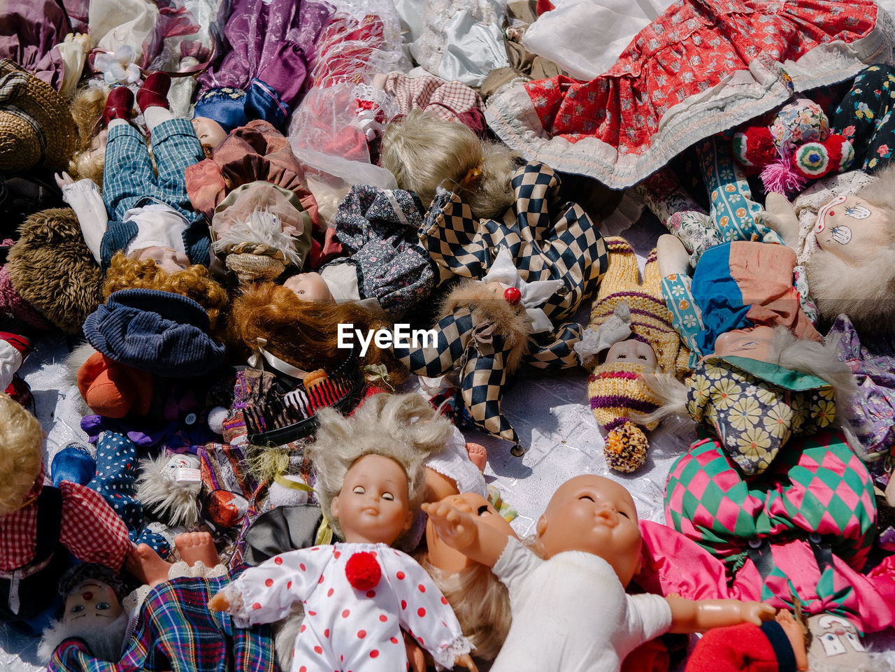 High angle view of stuffed toys for sale