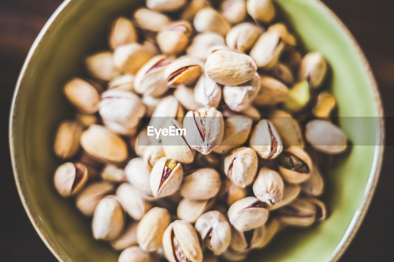 Directly above shot of pistachios in bowl