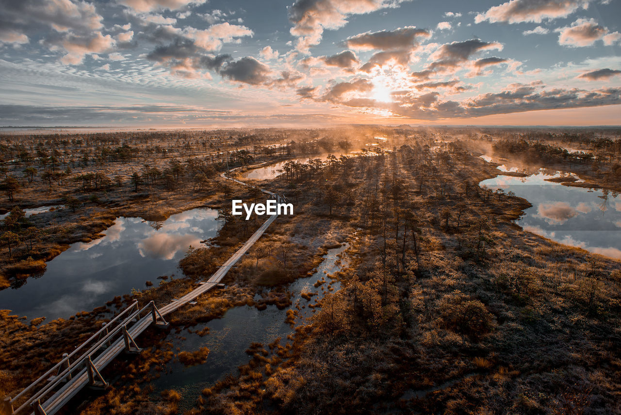 Aerial view of wetland against sky during sunset