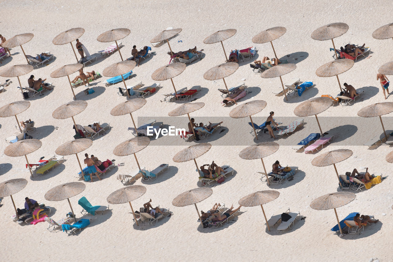 High angle view of umbrellas on beach