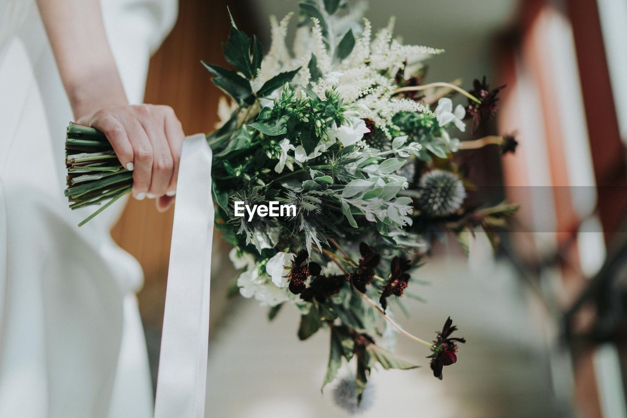 Midsection of woman holding white flower