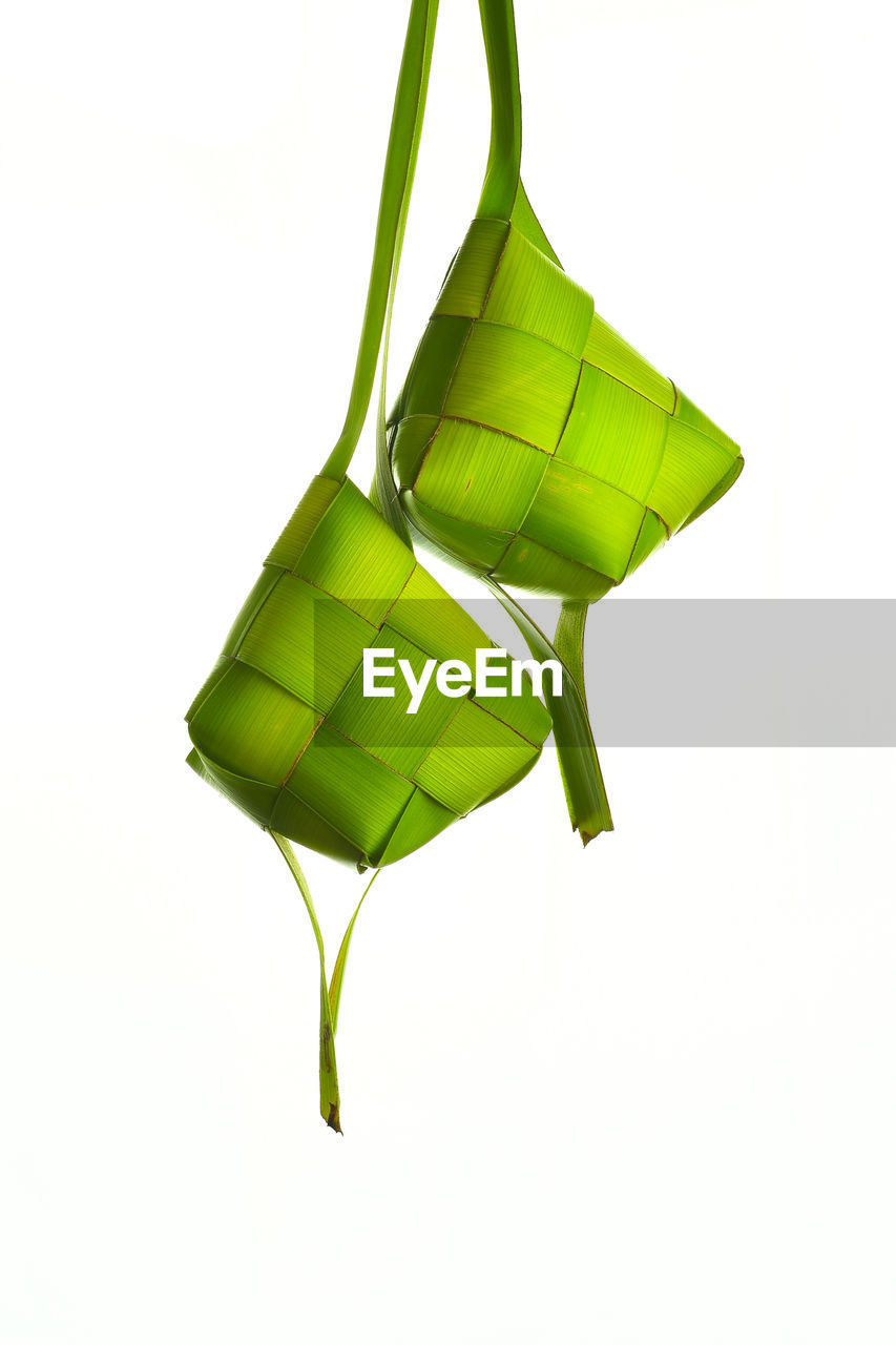 Close-up of ketupat made from coconut leaf against white background