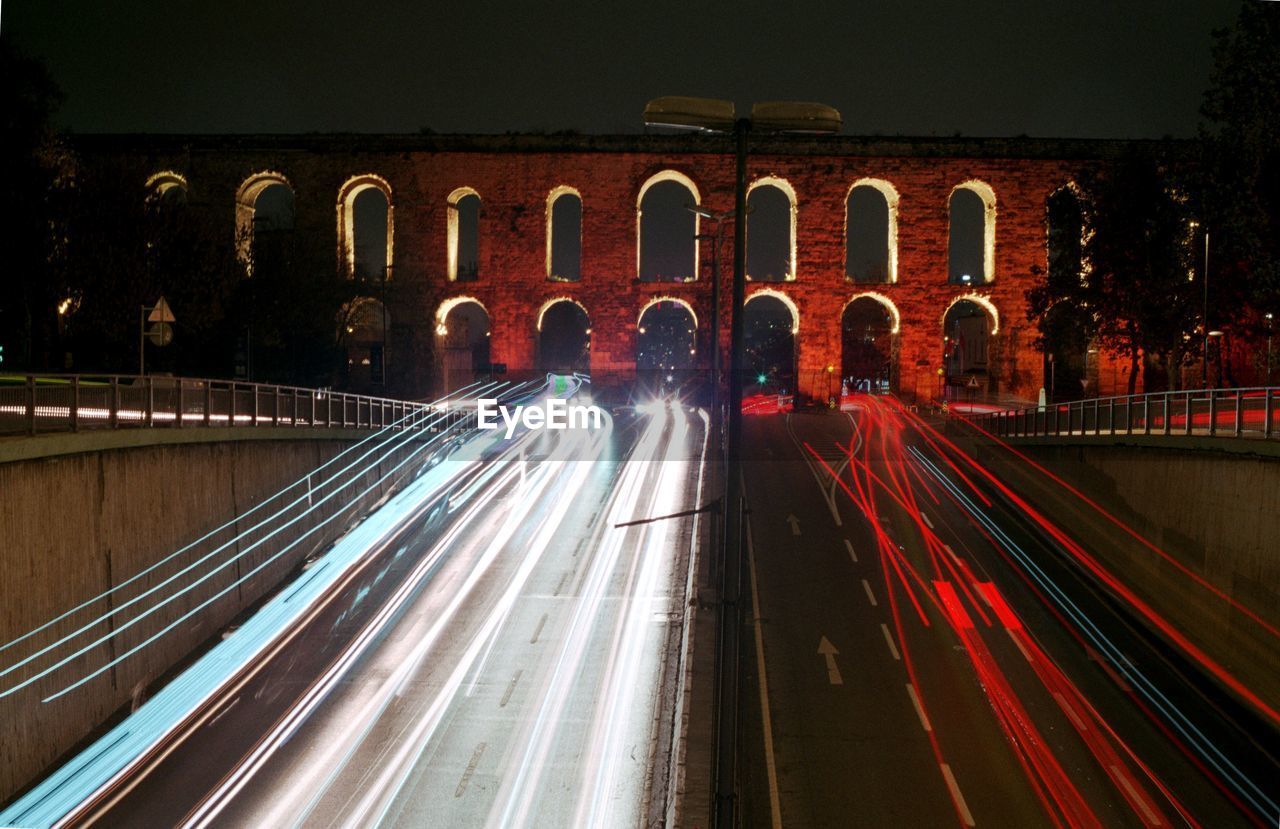 Light trails on road at night