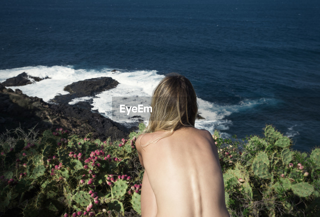 Rear view of naked woman siting on mountain against sea