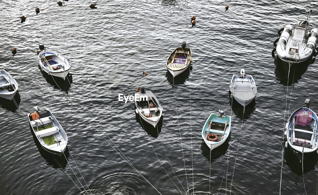 High angle view of boats in calm sea