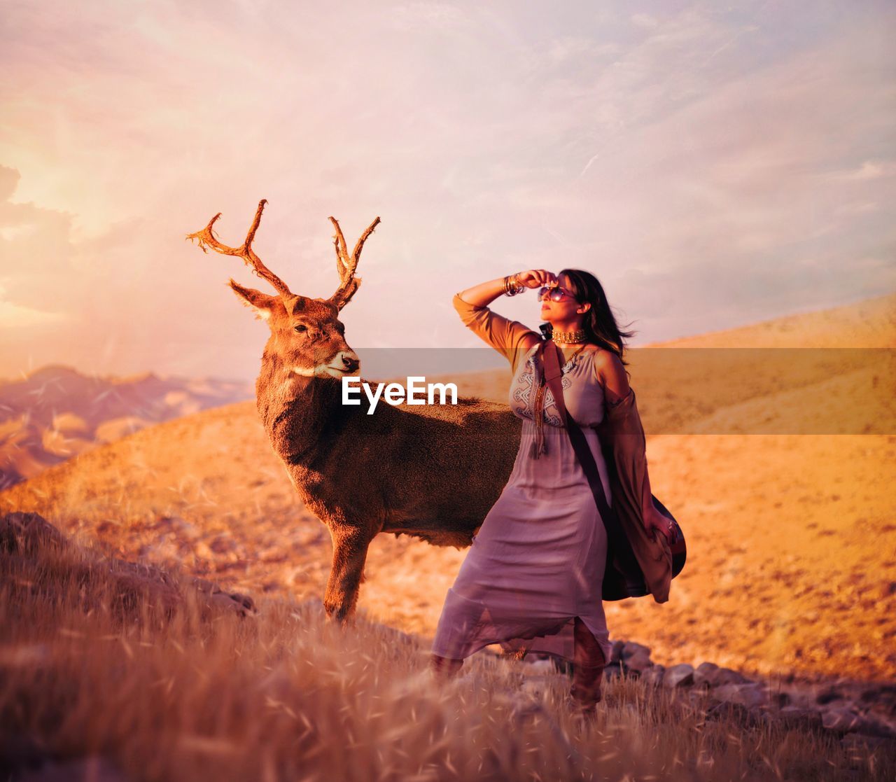 Woman standing by deer on land against sky