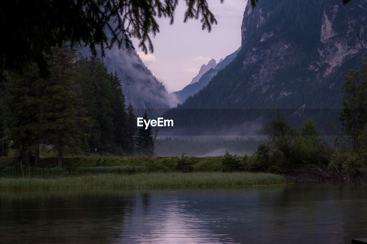 nature, water, reflection, tree, wilderness, mountain, scenics - nature, beauty in nature, plant, lake, environment, sky, landscape, mountain range, tranquility, forest, land, tranquil scene, morning, no people, travel destinations, non-urban scene, outdoors, pine tree, travel, fog, coniferous tree, pine woodland, tourism, pinaceae, cloud, idyllic