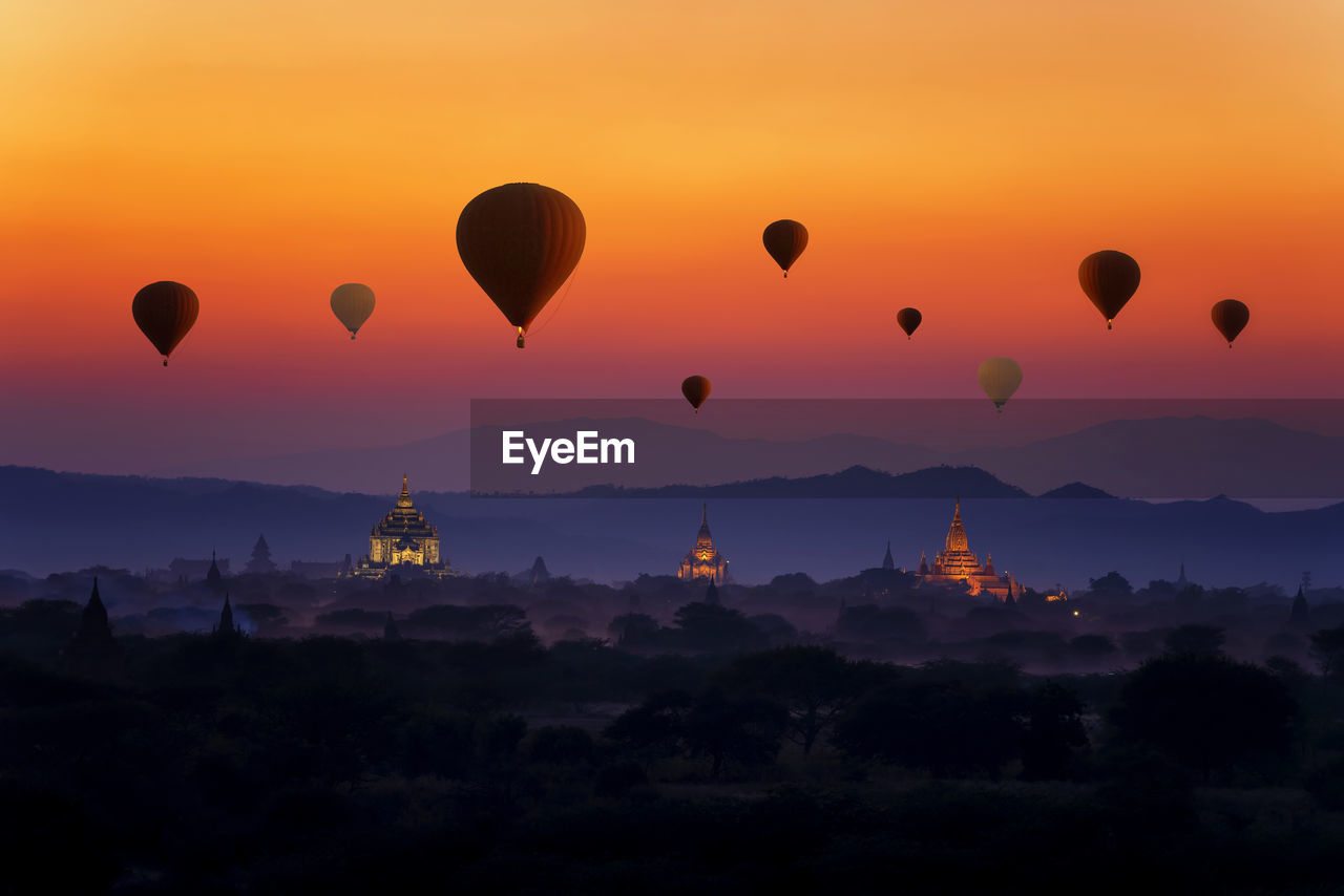 Sunset many hot air balloon with stupas in bagan, myanmar. space for text. nyaung-u, myanmar.