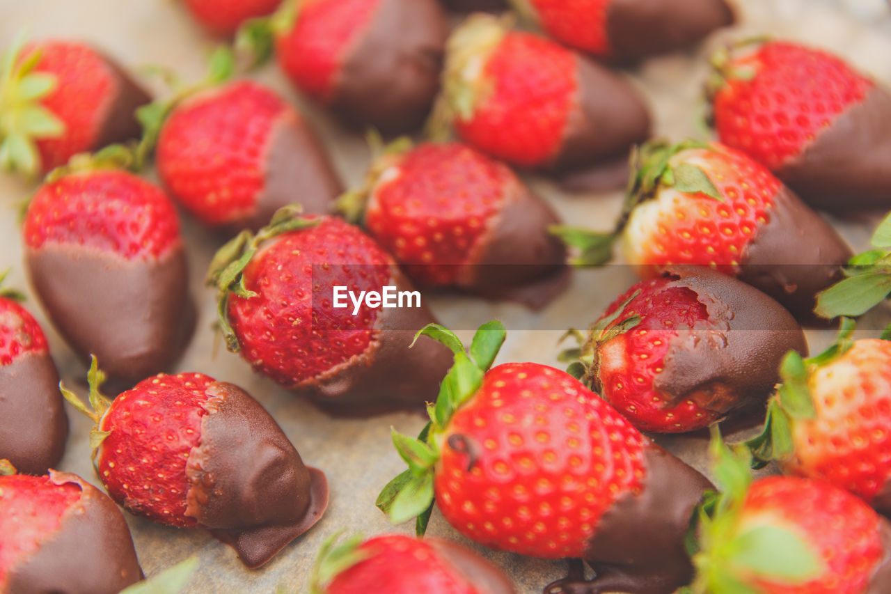 High angle view of chocolate covered strawberries