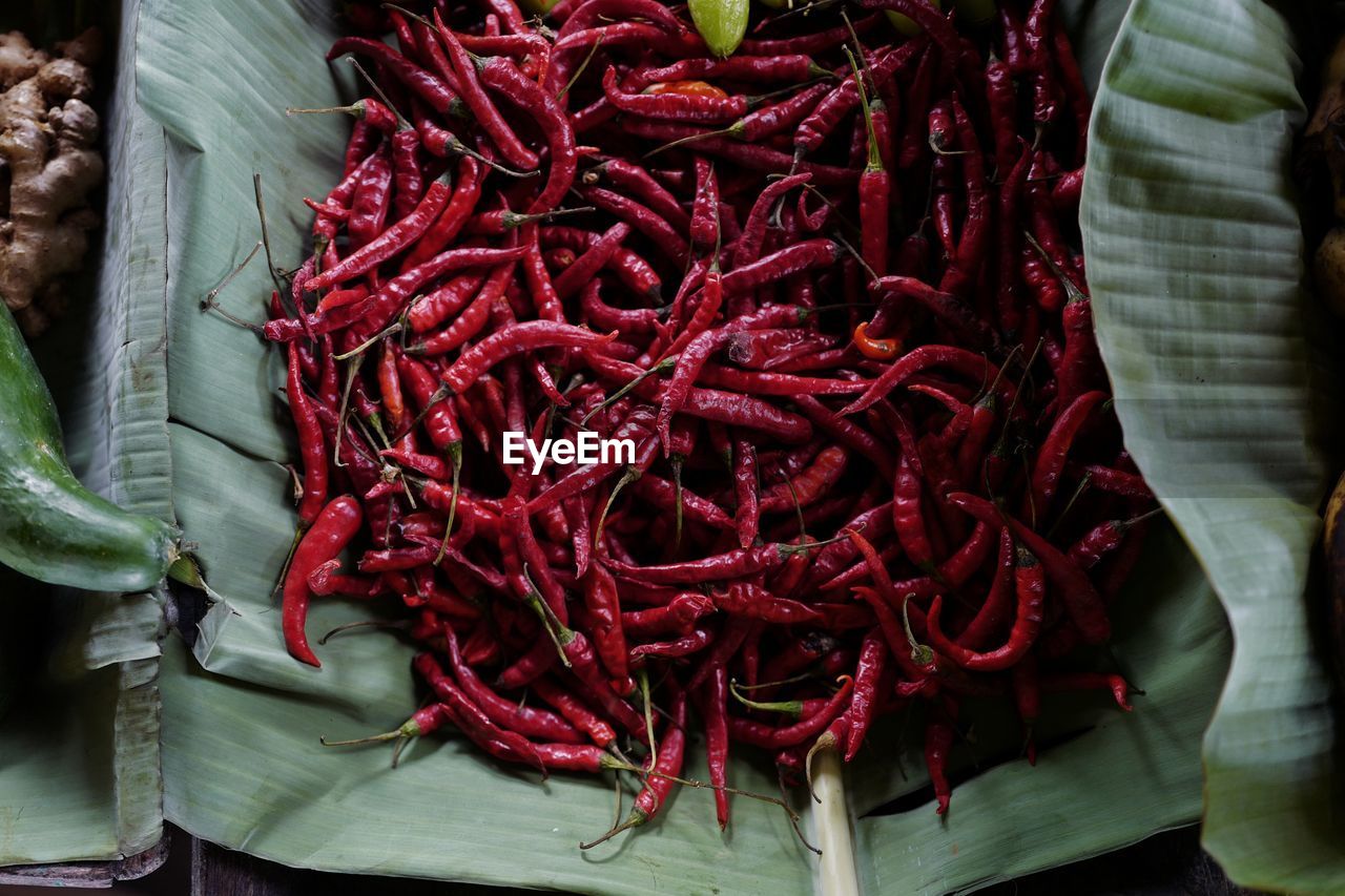 HIGH ANGLE VIEW OF RED CHILI PEPPERS FOR SALE AT MARKET