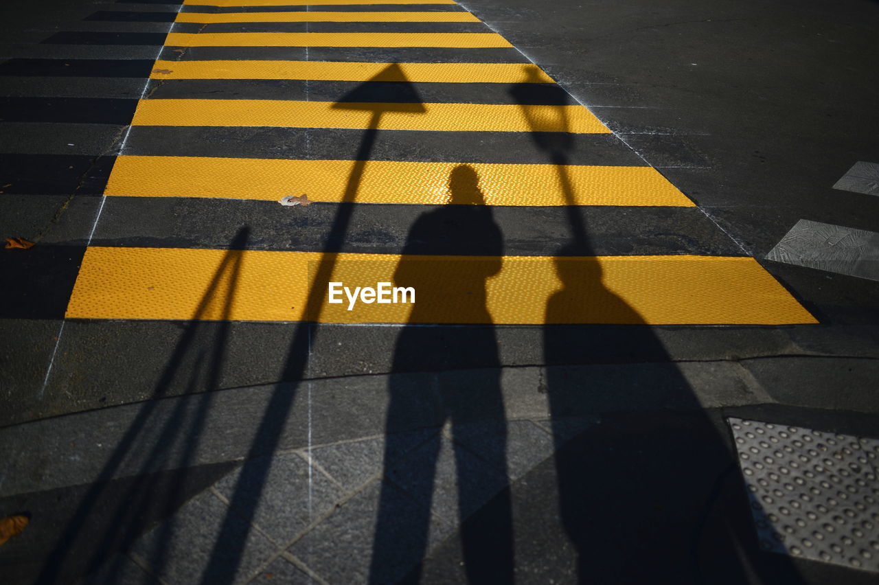 Shadows of people on yellow zebra crossing in city