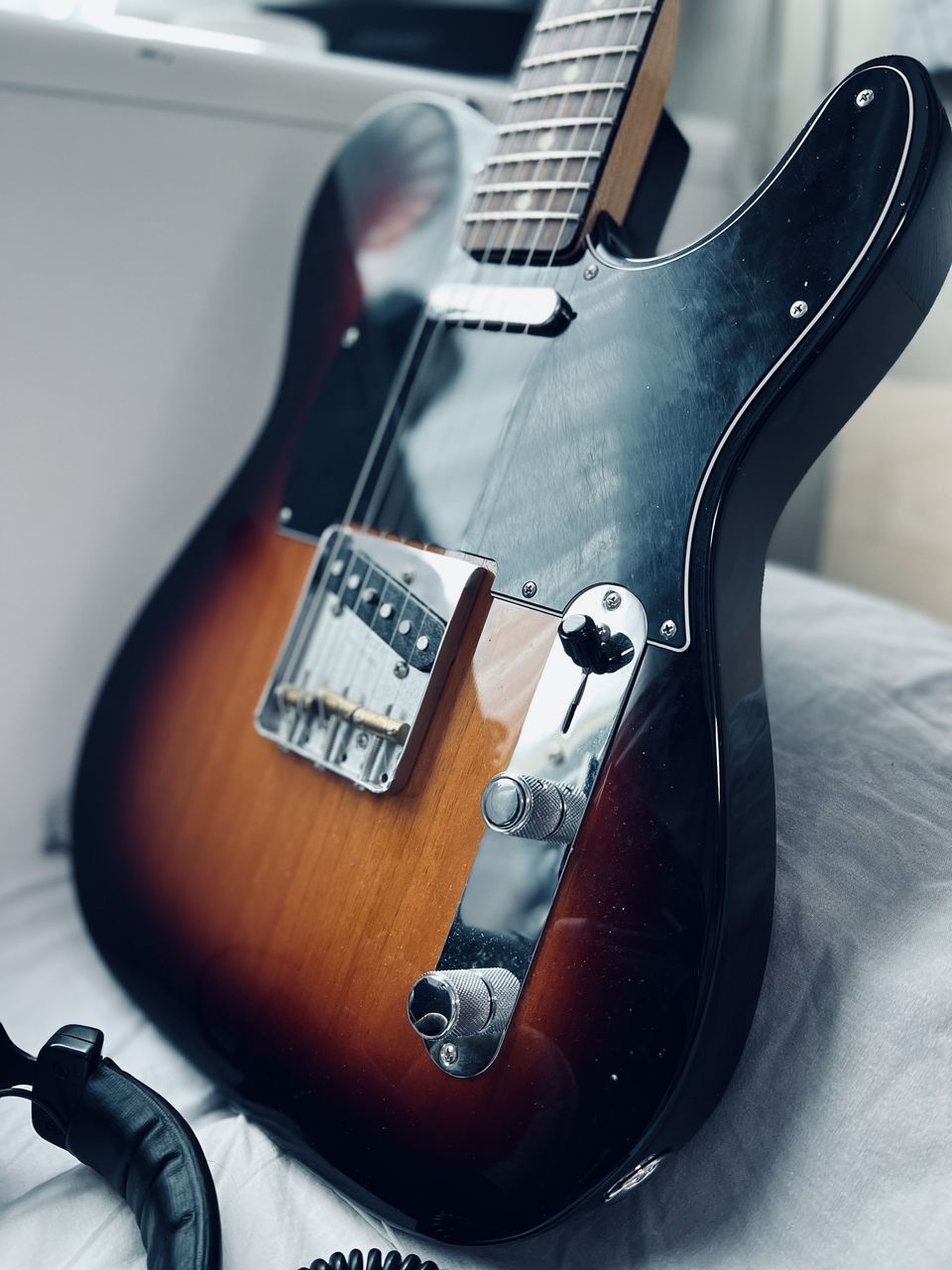 close-up of guitar on table