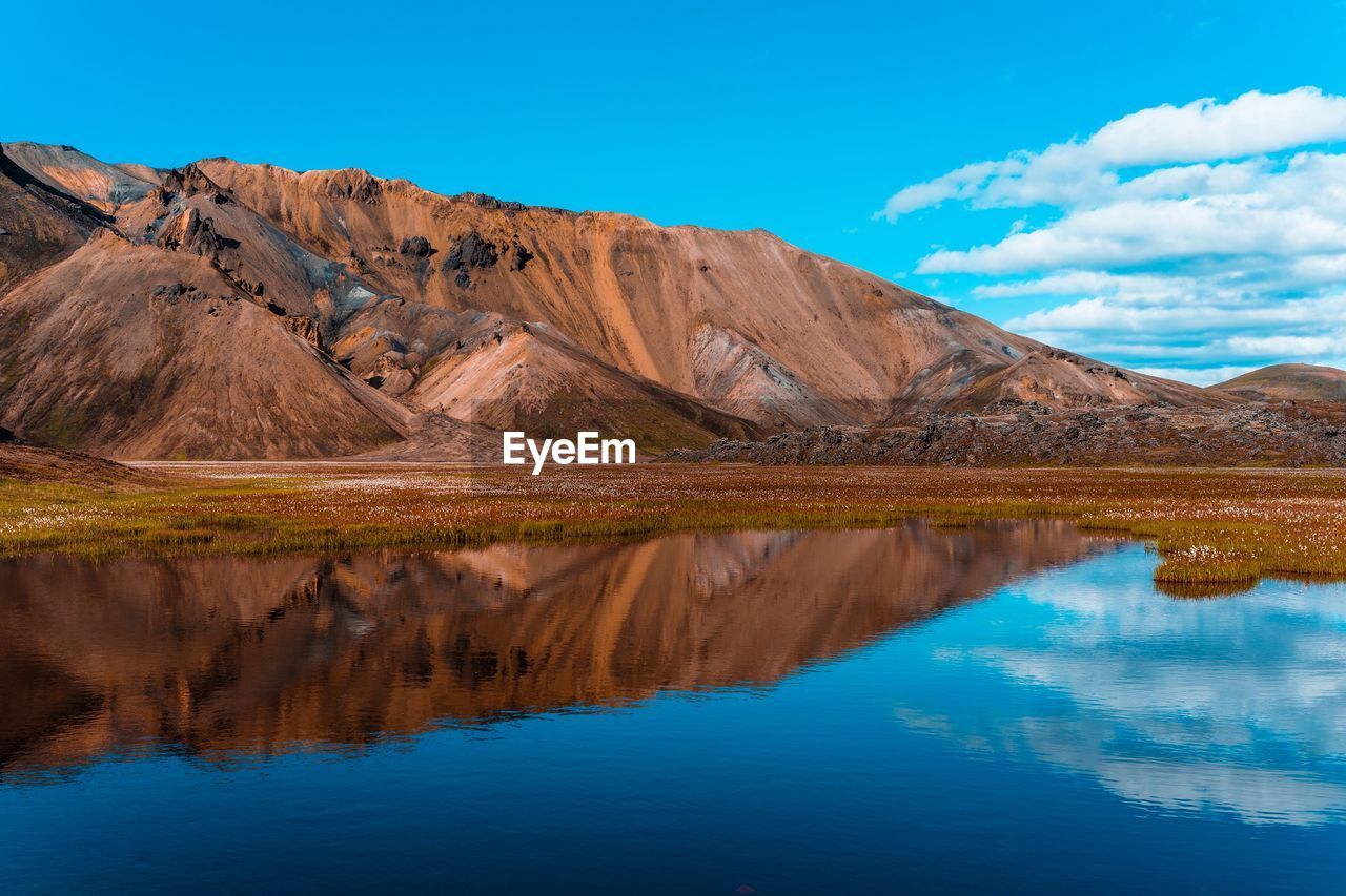 REFLECTION OF MOUNTAIN IN LAKE AGAINST SKY