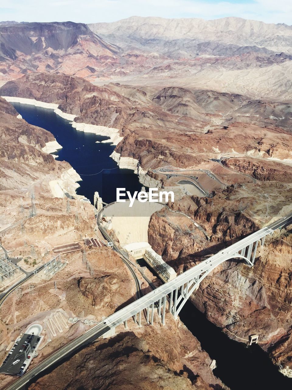 Aerial view of mike ocallaghanpat tillman memorial bridge and hoover dam