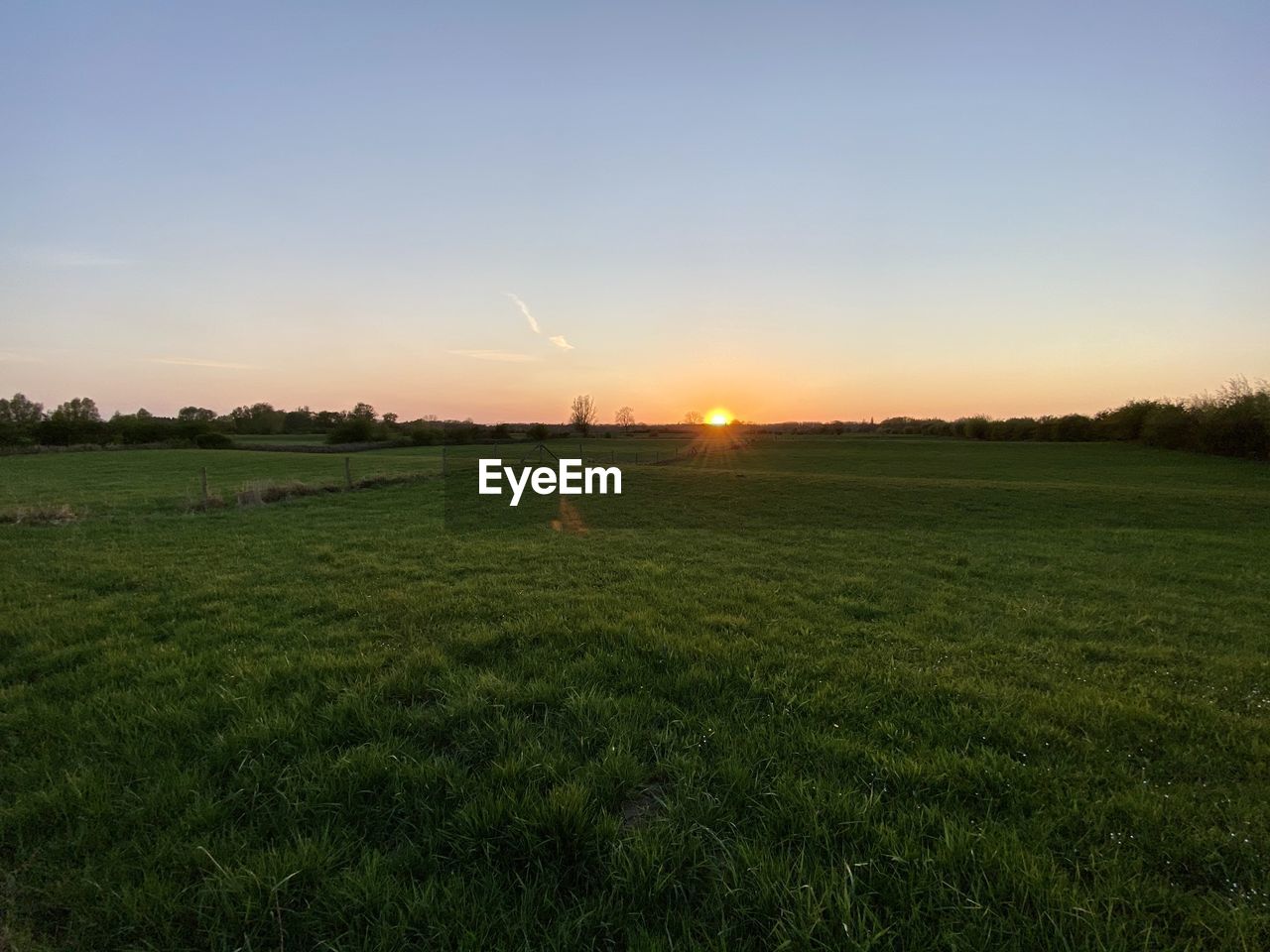 SCENIC VIEW OF GRASSY LANDSCAPE AGAINST SKY DURING SUNSET