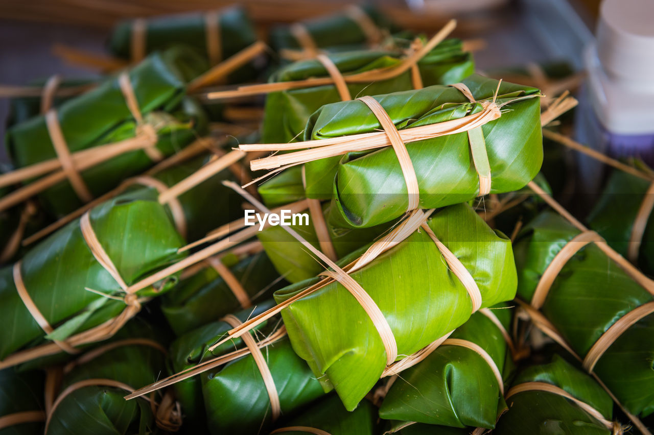 Close-up of food wrapped in banana leaves