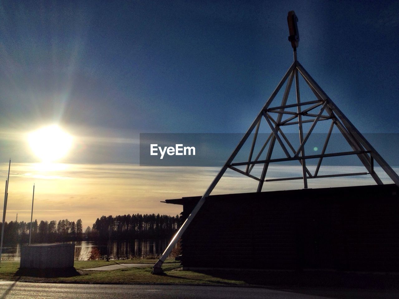 Metal structure by pond