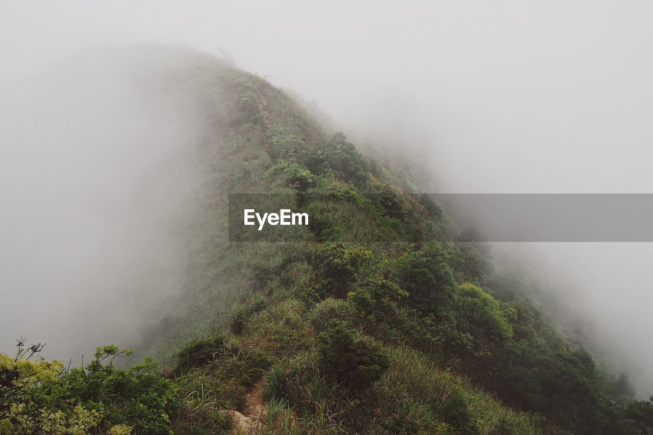 Low angle view of mountain during foggy weather