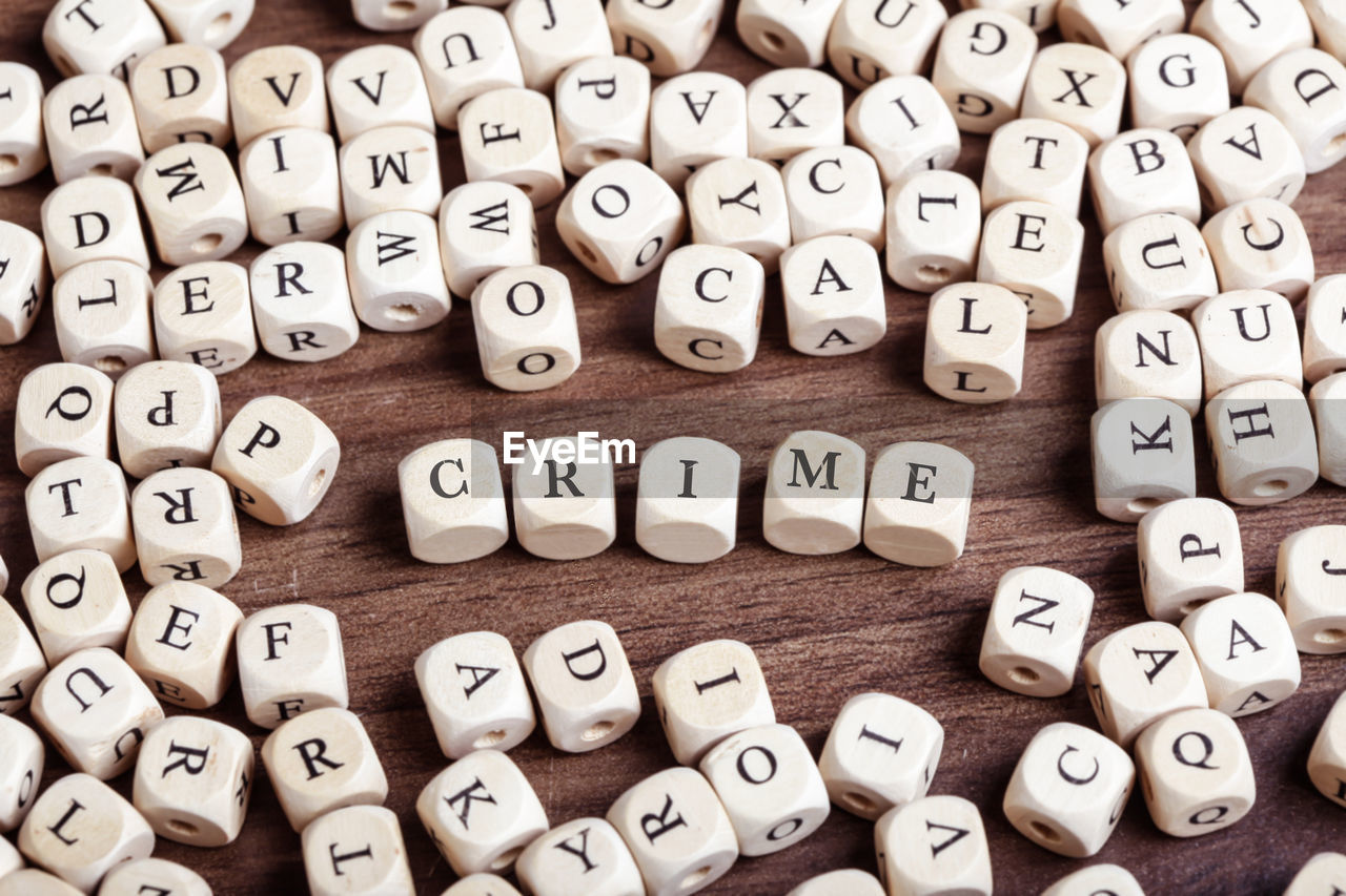 Word crima in letters on cube dices on table.