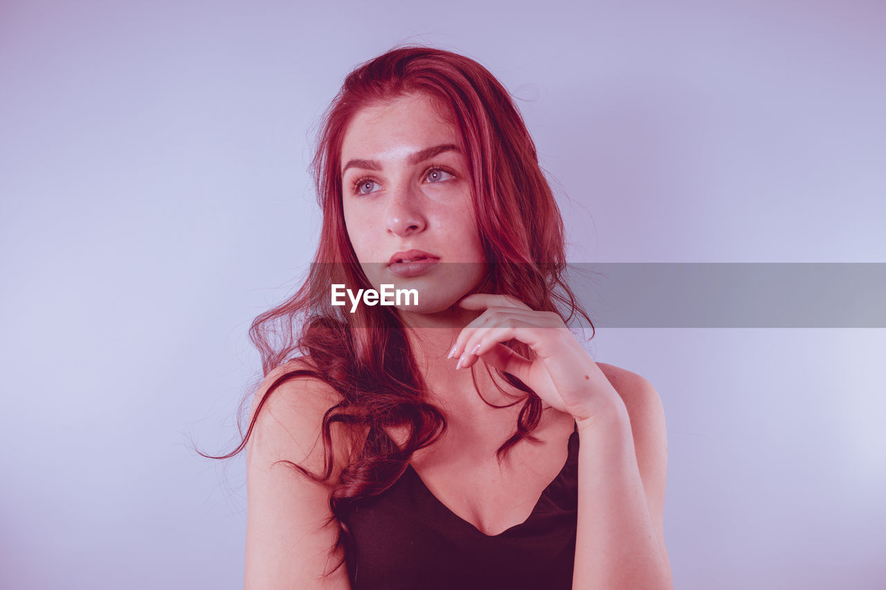 Dyed Red Hair Purple Background Tousled Hair Corset On Eyeem