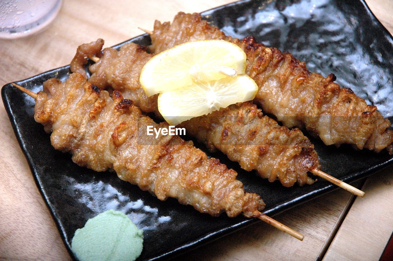 High angle view of yakitori in plate
