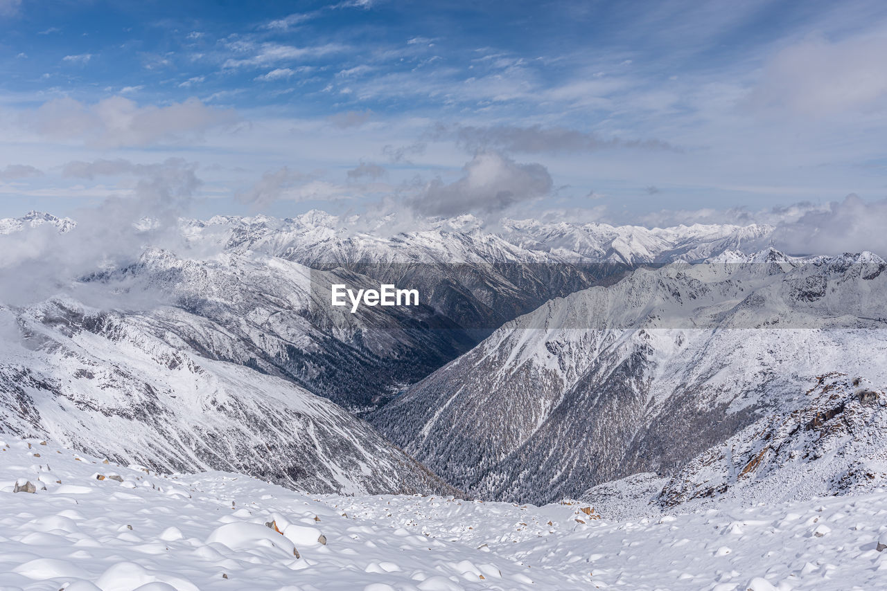Aerial view of snow covered mountain range