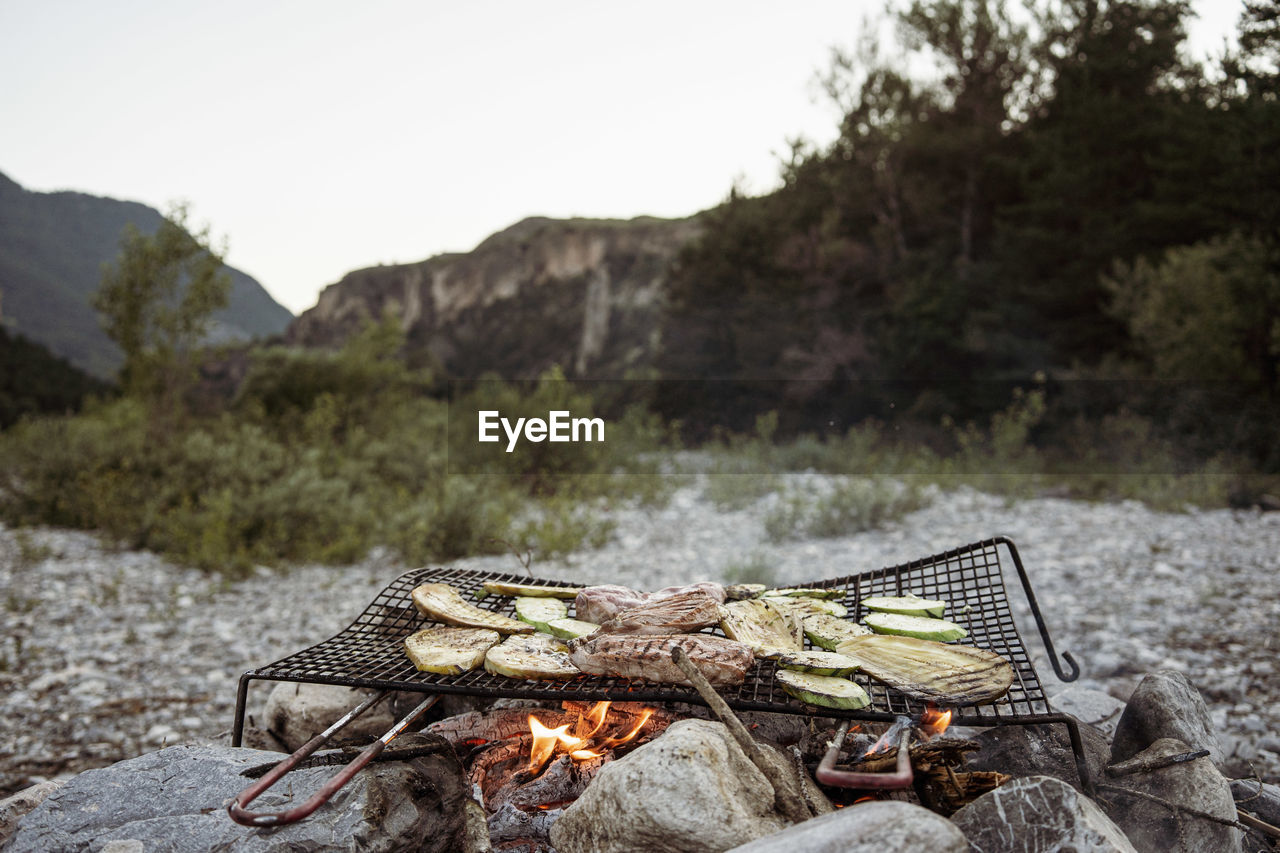 Wild barbecue on rocks with mountains view