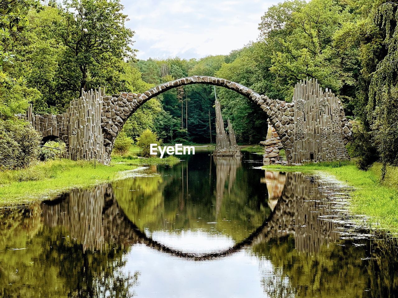 ARCH BRIDGE OVER CALM LAKE AGAINST SKY