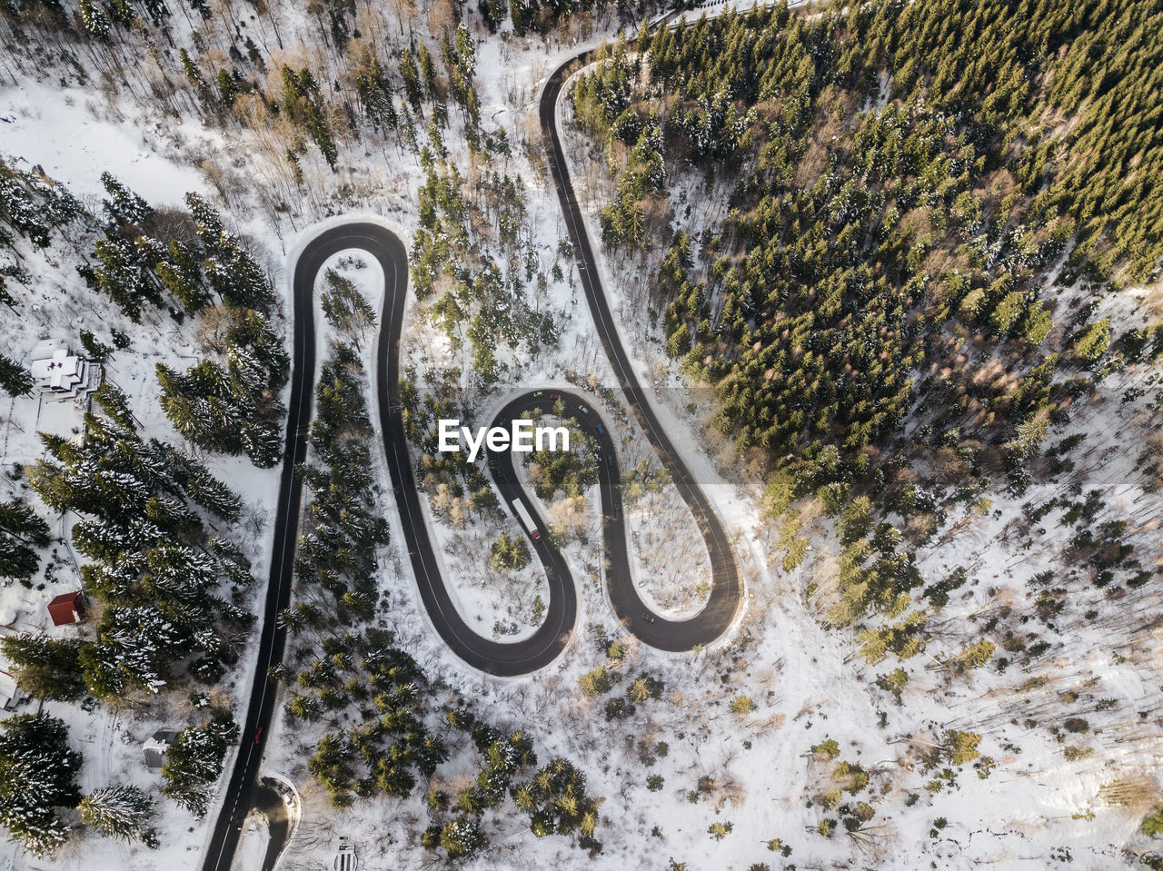 High angle view of car on road during winter