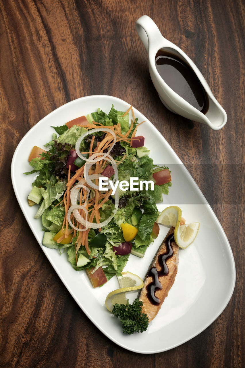 directly above shot of food in plate on table