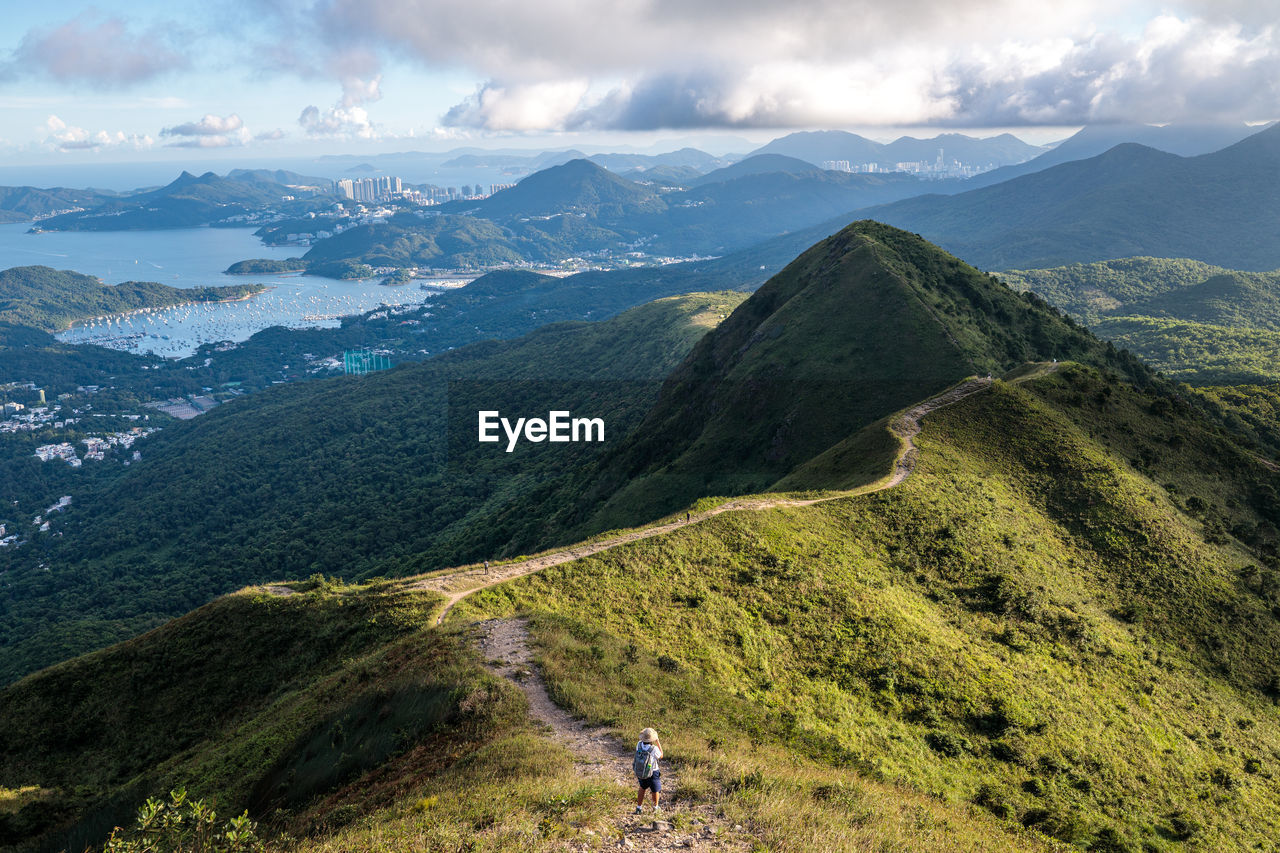 Aerial view of mountain range against sky