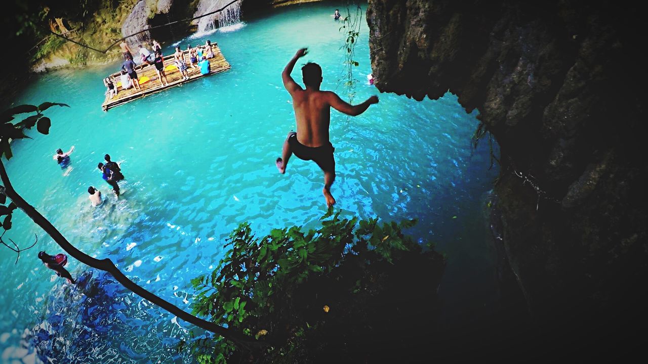 High angle view of man diving in river