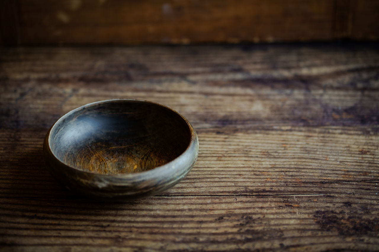 High angle view of empty bowl on wooden table
