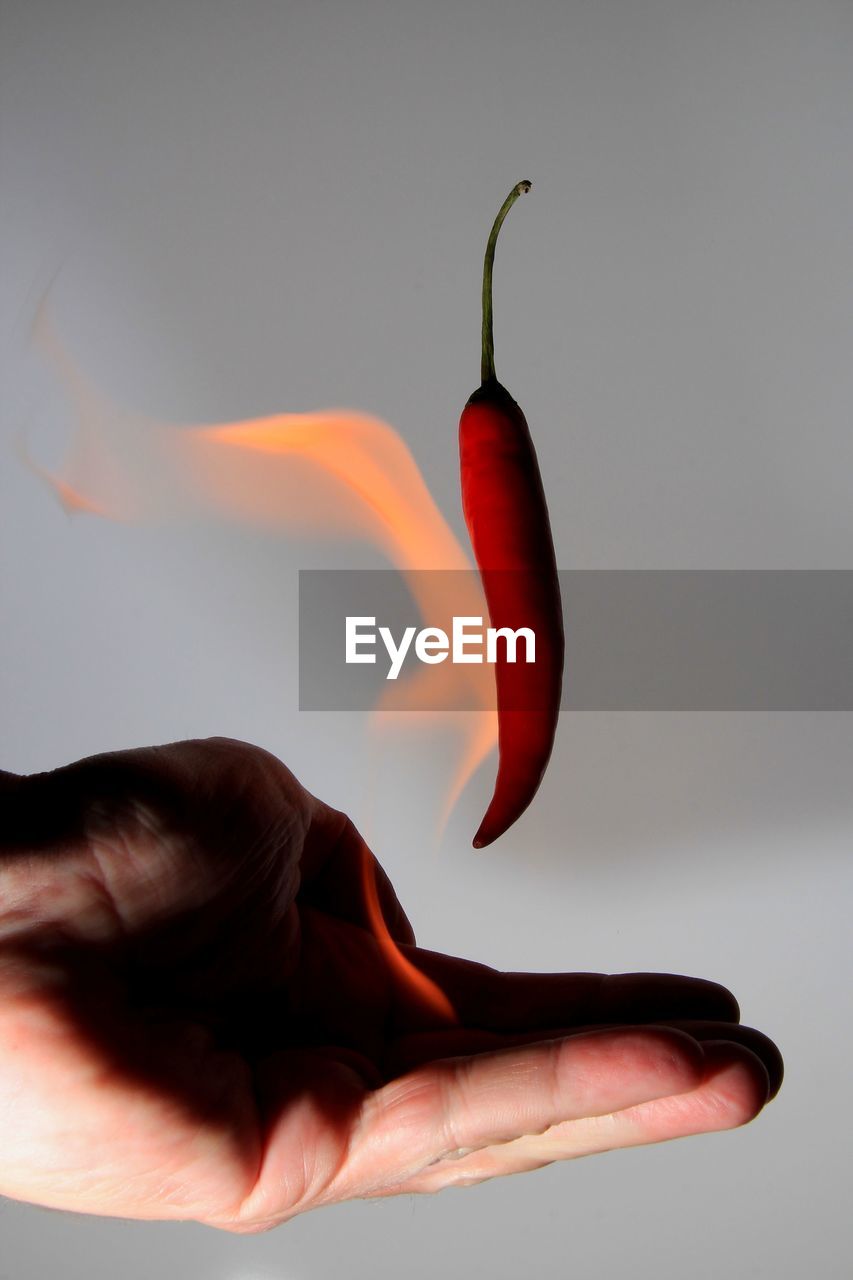 Cropped burning hand catching red chili pepper against gray background