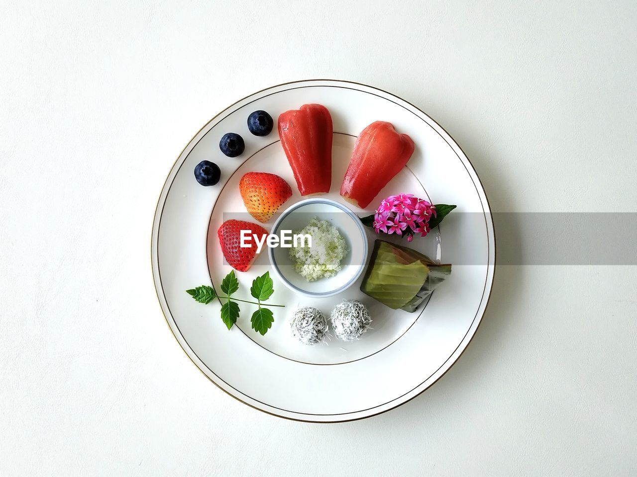 Directly above shot of dessert in plate on table