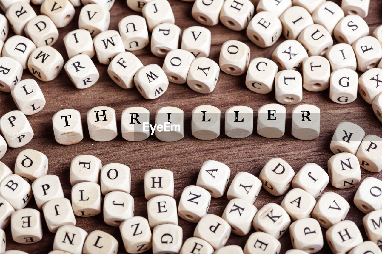 Word thriller in letters on cube dices on table.