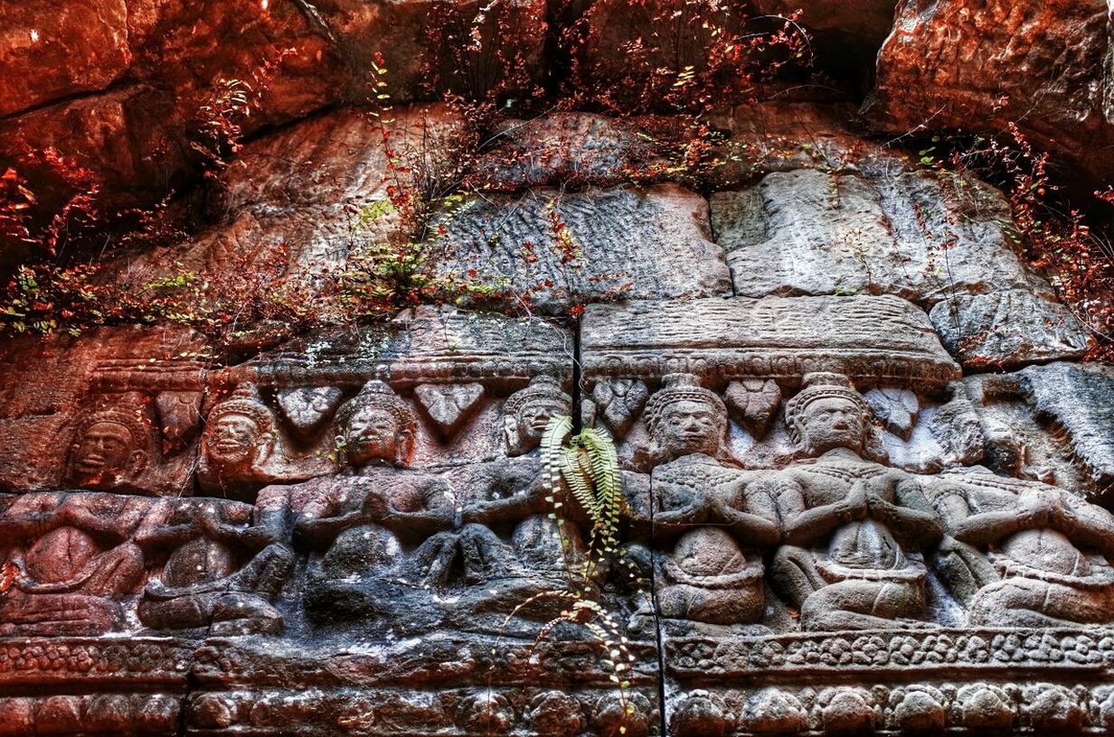 Low angle view of sculptures on temple wall
