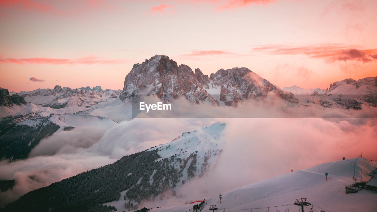 PANORAMIC VIEW OF SNOWCAPPED MOUNTAINS DURING SUNSET